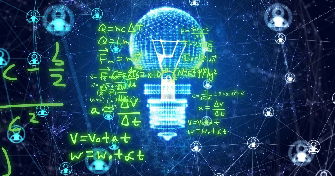 Digital Light Bulb with Mathematical Equations and Network Symbols