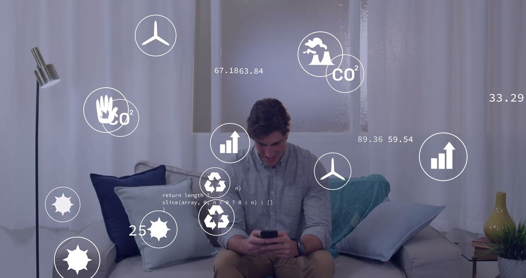 Man Analyzing Modern Data Visualizations with Smartphone at Home