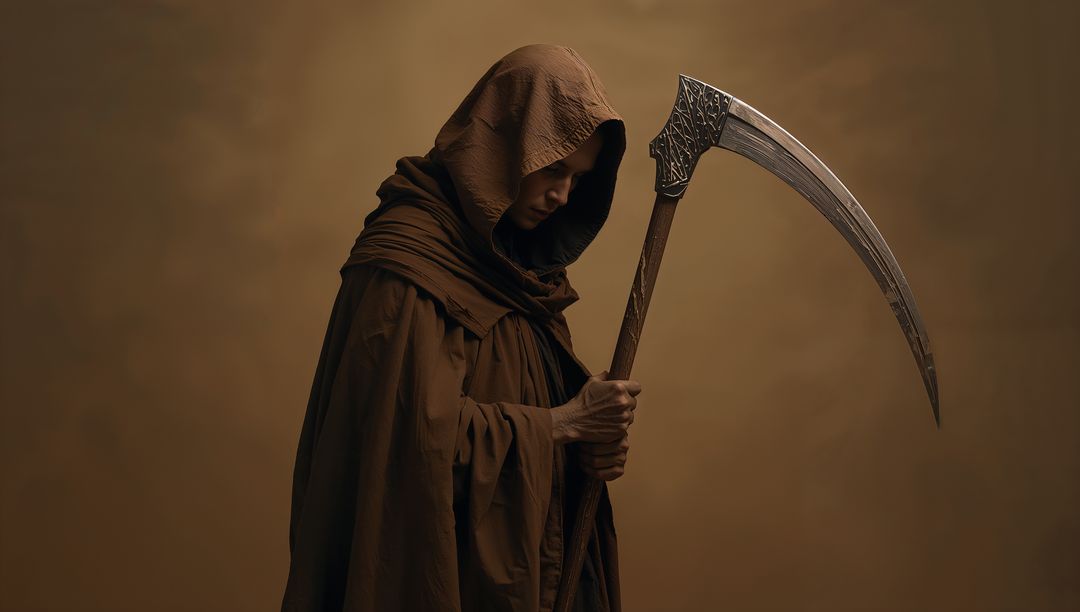 Mysterious Hooded Figure Holding Scythe in Dramatic Lighting