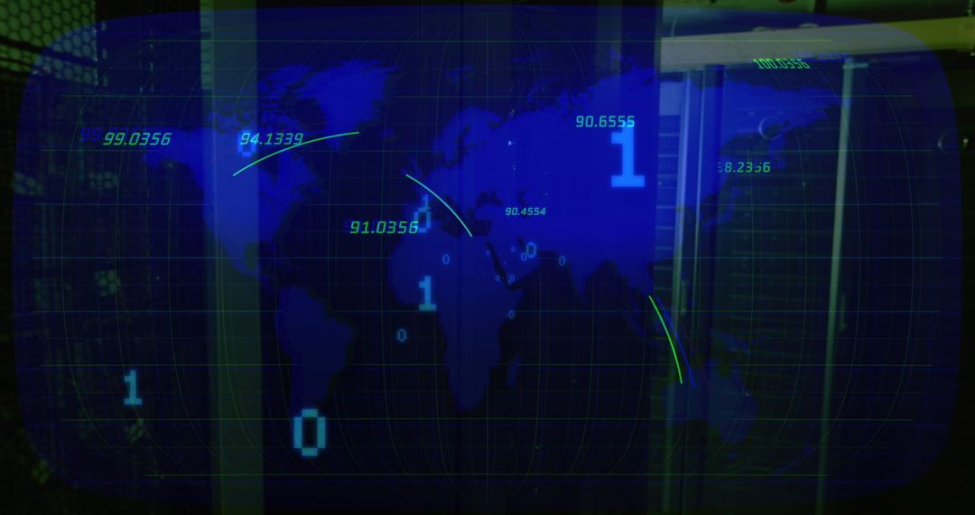 World Map with Floating Numbers and Digital Interface Overlay