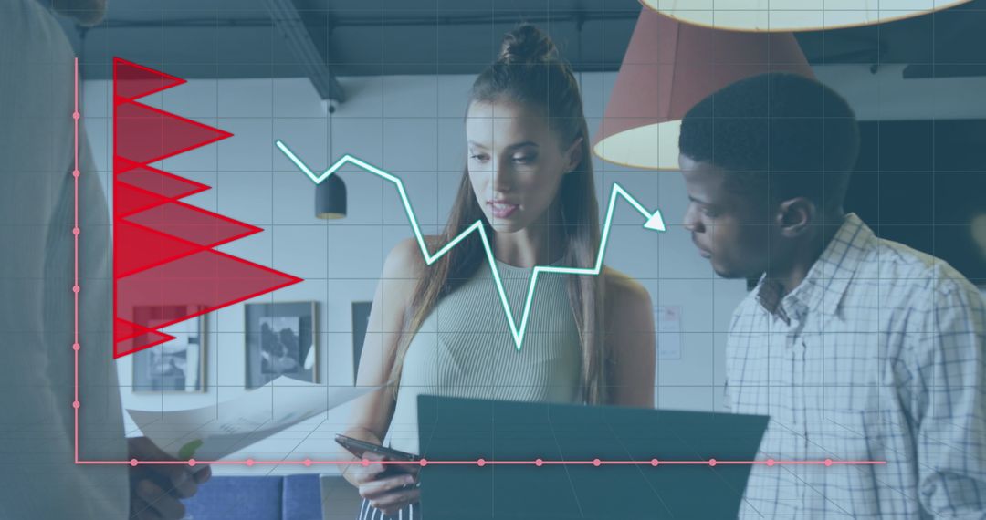 Diverse Team Analyzing Financial Data with Graph Overlay in Modern Office
