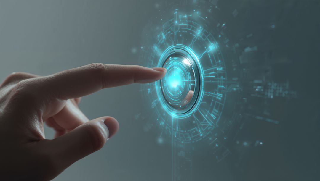 Fingertip Tapping Futuristic Holographic Interface with Blue Circular HUD Glow