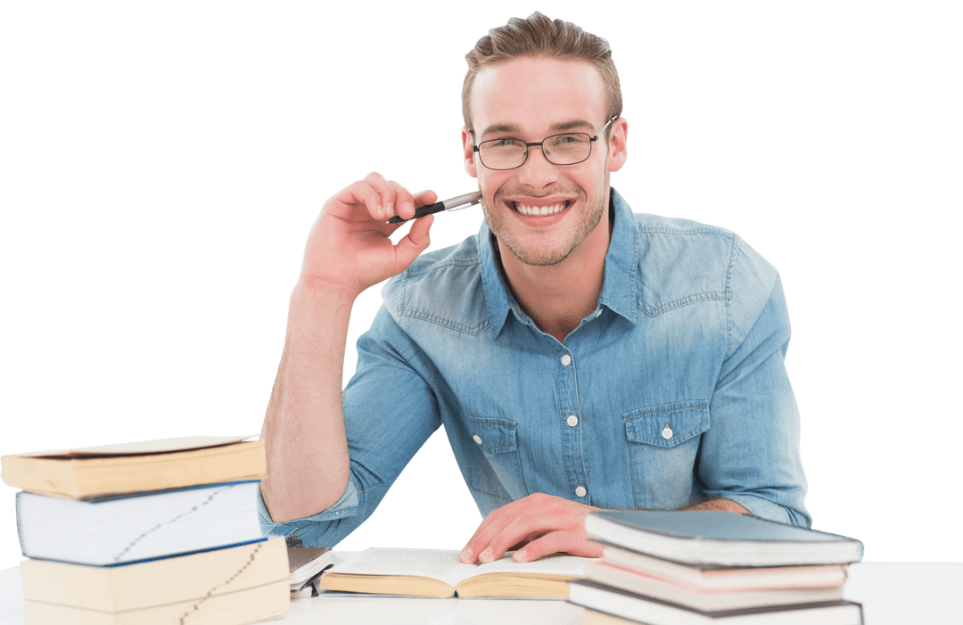 Smiling Adult Man Holding Pen While Studying at Desk with Transparent Background