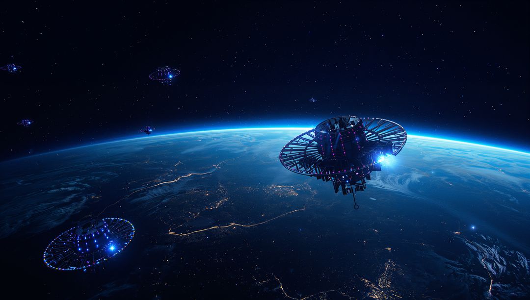 Futuristic Spacecraft Fleet Orbiting Earth with Illuminated Cities