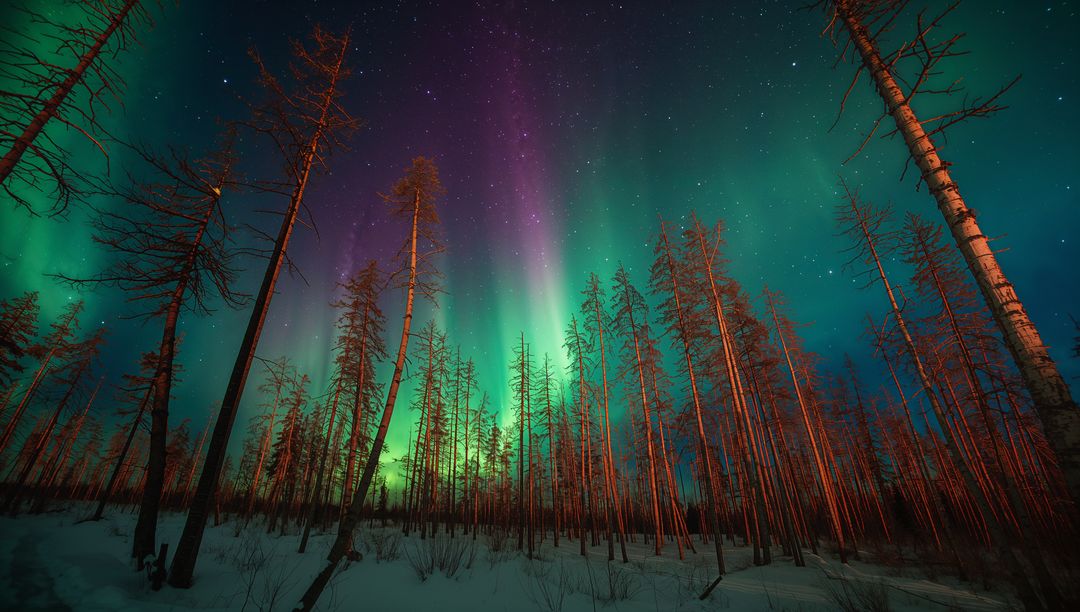 Aurora Borealis Illuminating Winter Boreal Forest at Night