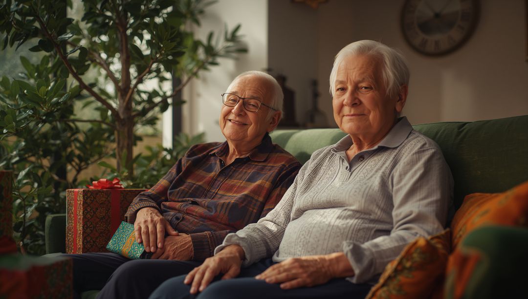 Senior Men Relaxing at Home with Gift Boxes in Cozy Atmosphere