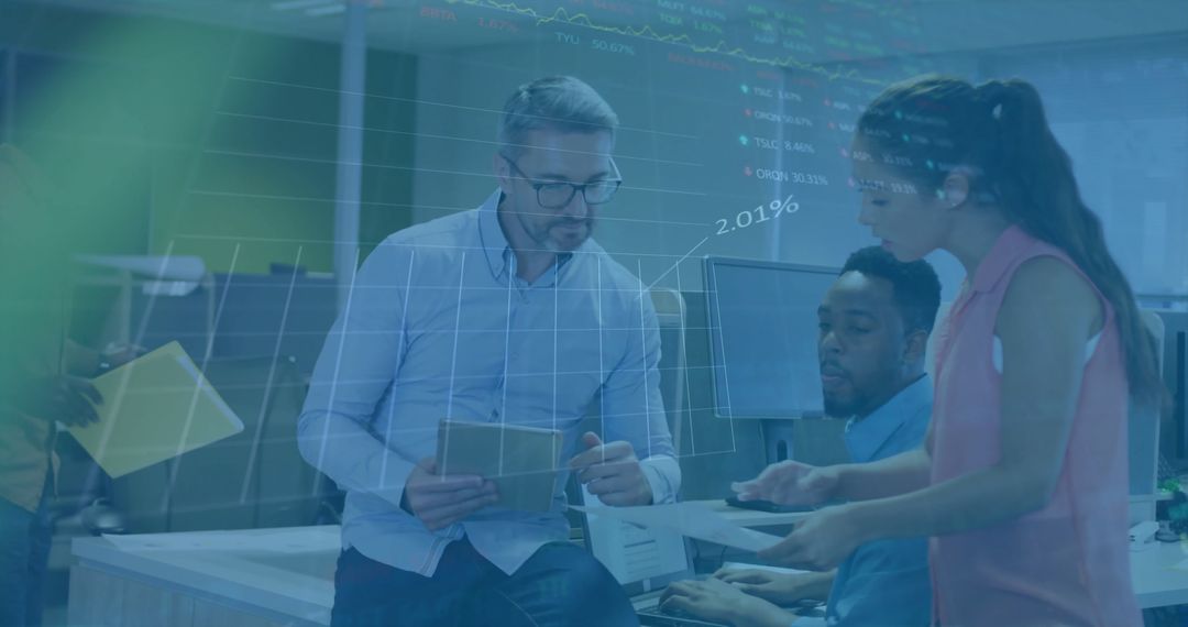 Diverse Team Analyzing Financial Data Hologram