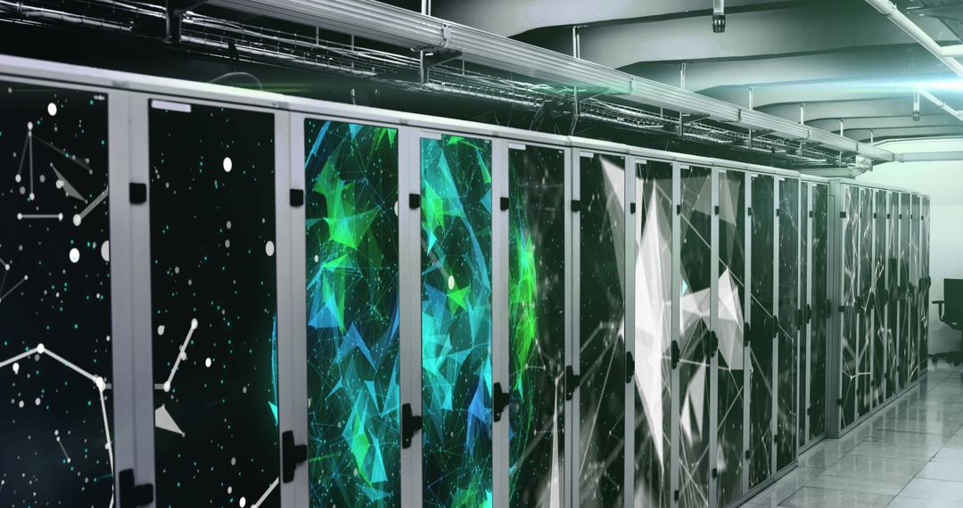 Data Server Room with Futuristic Digital Interface