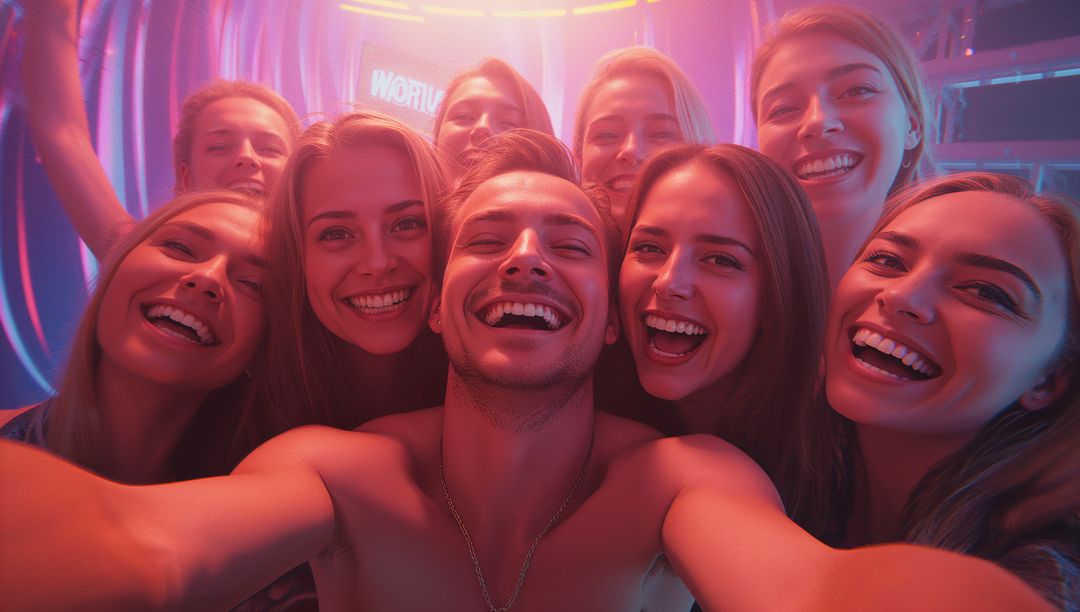 Group Enjoying Neon Party with Lively Selfie Pose