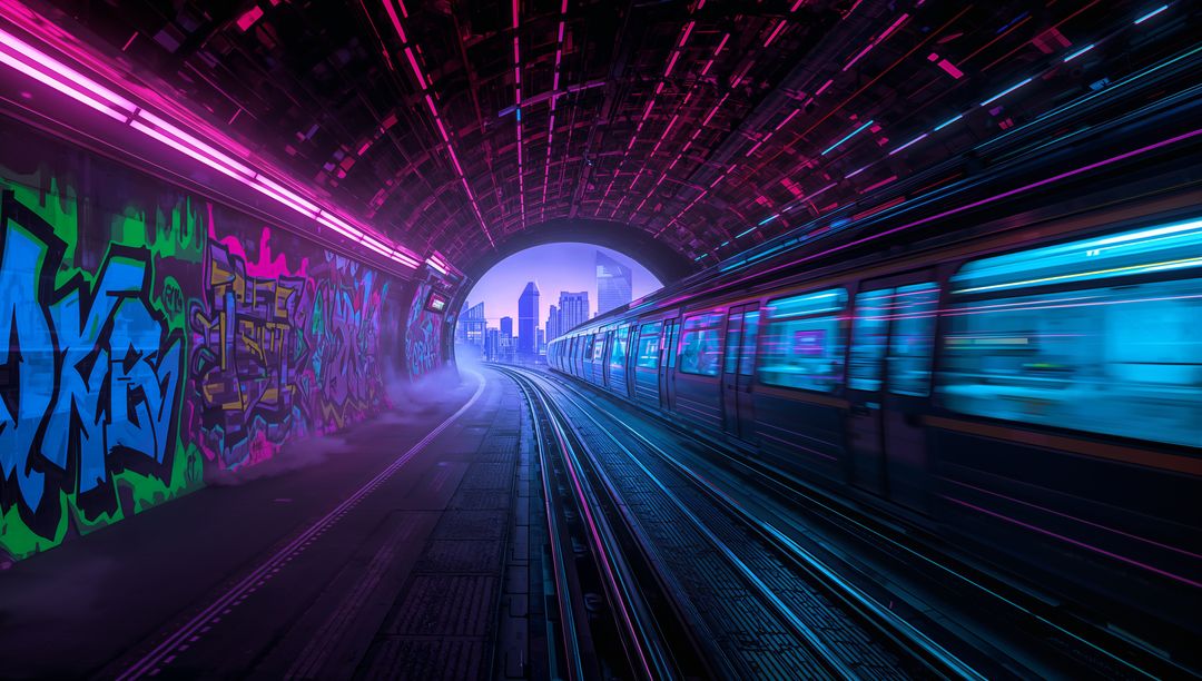 Futuristic Subway Journey Through Neon Graffiti Tunnel