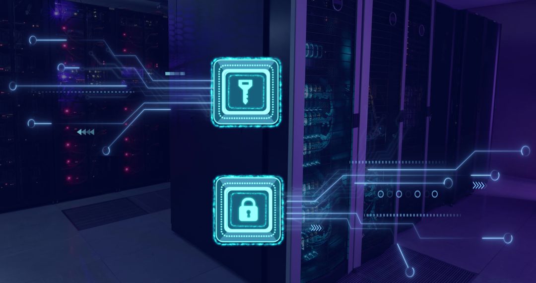 Digital Security Keys Floating Over Server Room In Cybersecurity Context