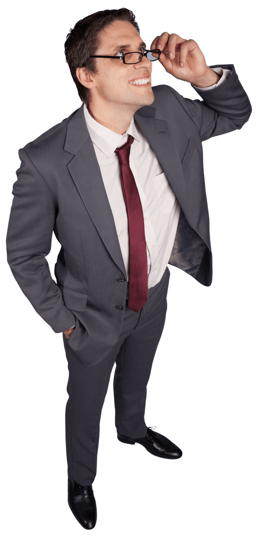Confident Businessman Touching Glasses, Looking Upwards, Transparent Background