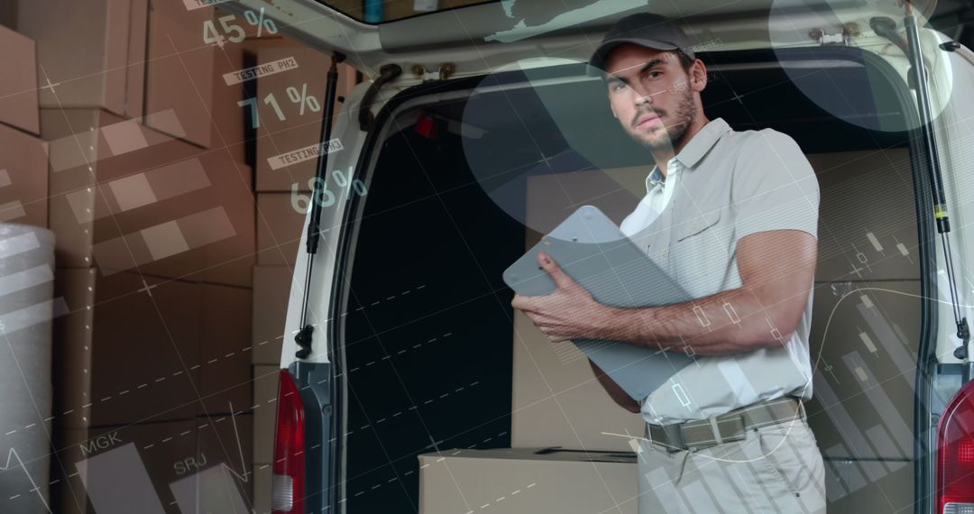 Parcel Delivery Man Organizing Cargo with Digital Data Overlay