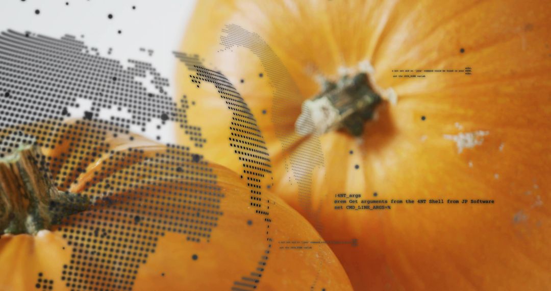 Closeup Orange Pumpkins with Halftone World Map and Code Overlay, Autumn Tech Concept