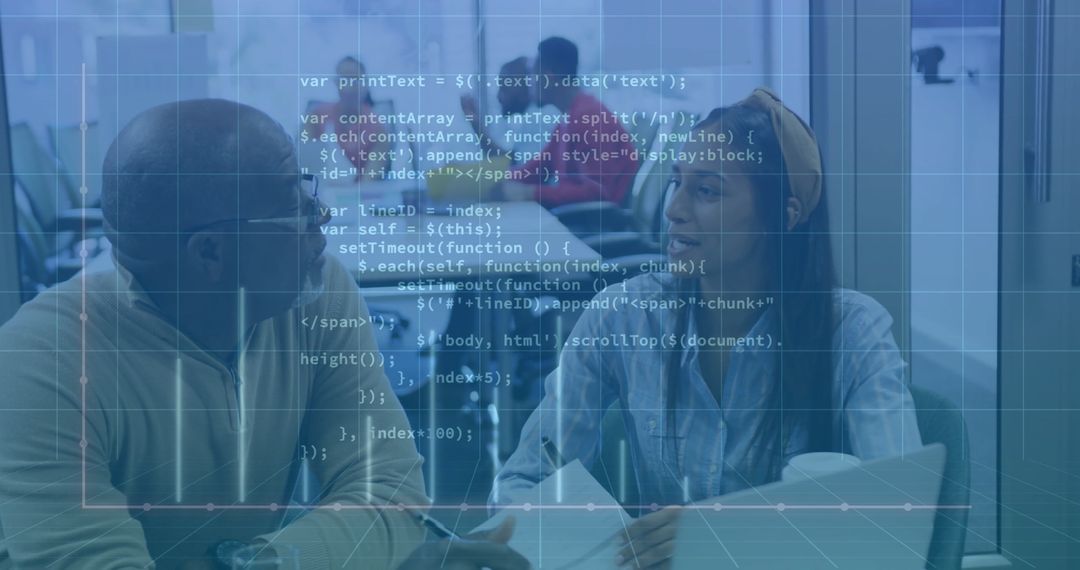 Diverse Team Collaboration in Modern Digital Workspace with Data Overlay