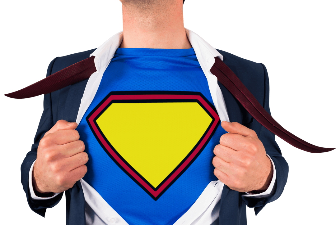 Businessman Transforming Into Superhero Showing Transparent Yellow Emblem