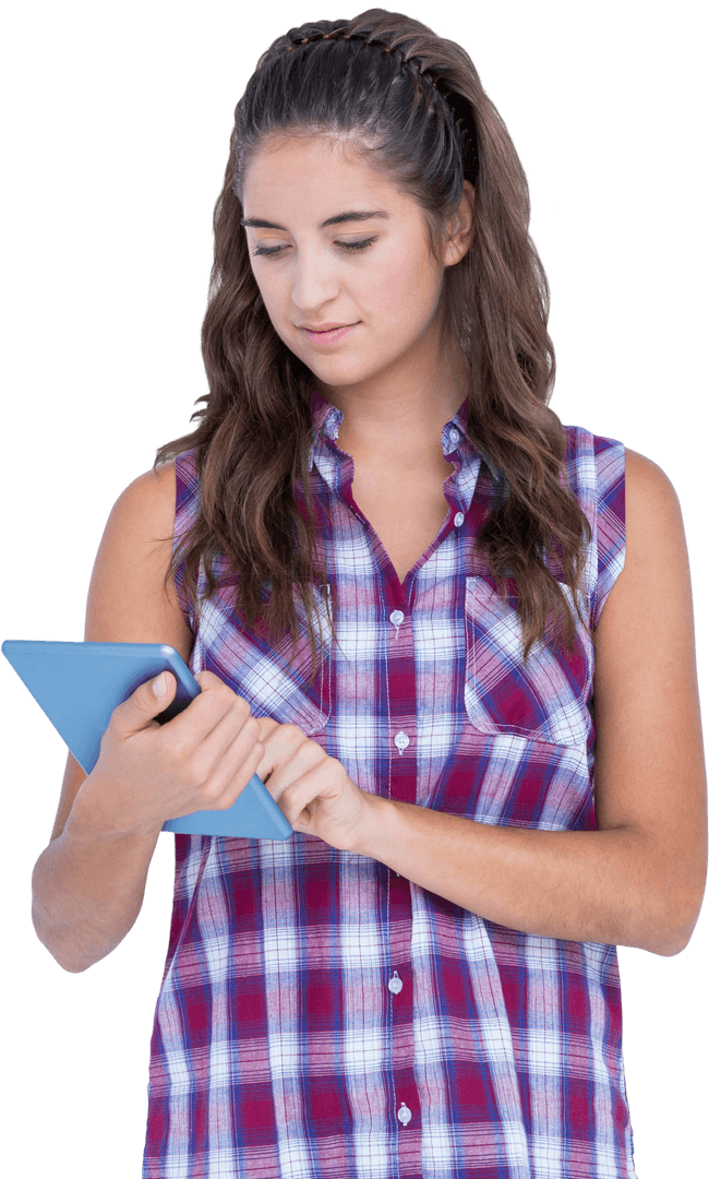 Young Brunette Using Tablet Computer Cutout Transparent Background