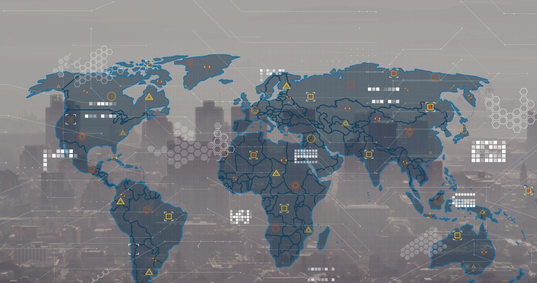 Innovative World Map with Data Visualization Over Cityscape
