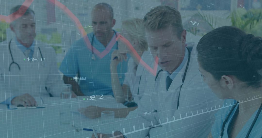 Doctor Collaborating in Meeting with Data Overlay