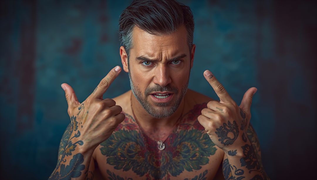 Confident Tattooed Man Showcasing Body Art in Studio