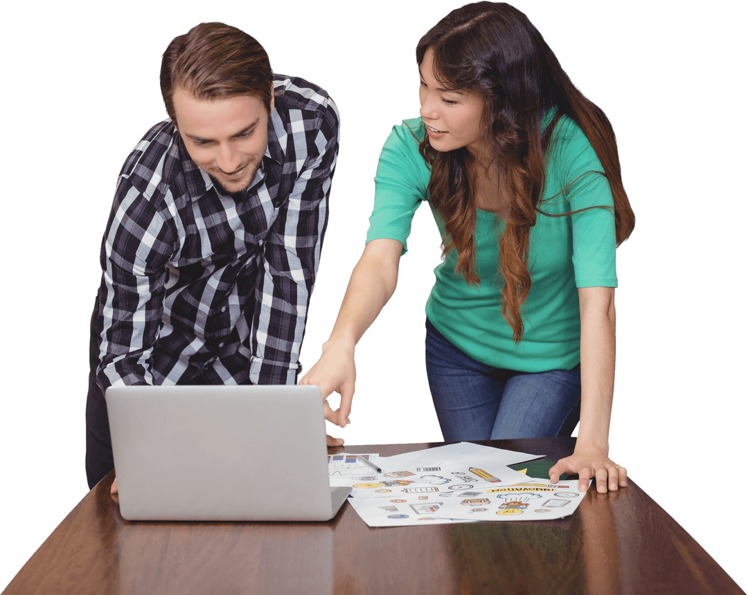 Transparent Colleagues Discussing Over Laptop for Creative Project