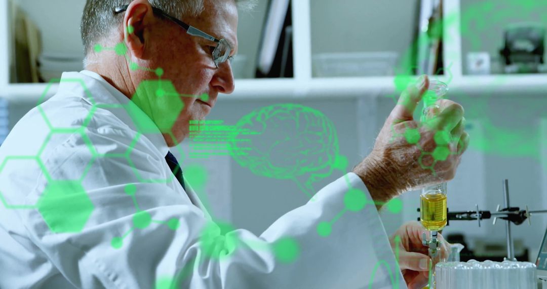 Scientist Conducting Experiments with Digital Chemistry Overlay