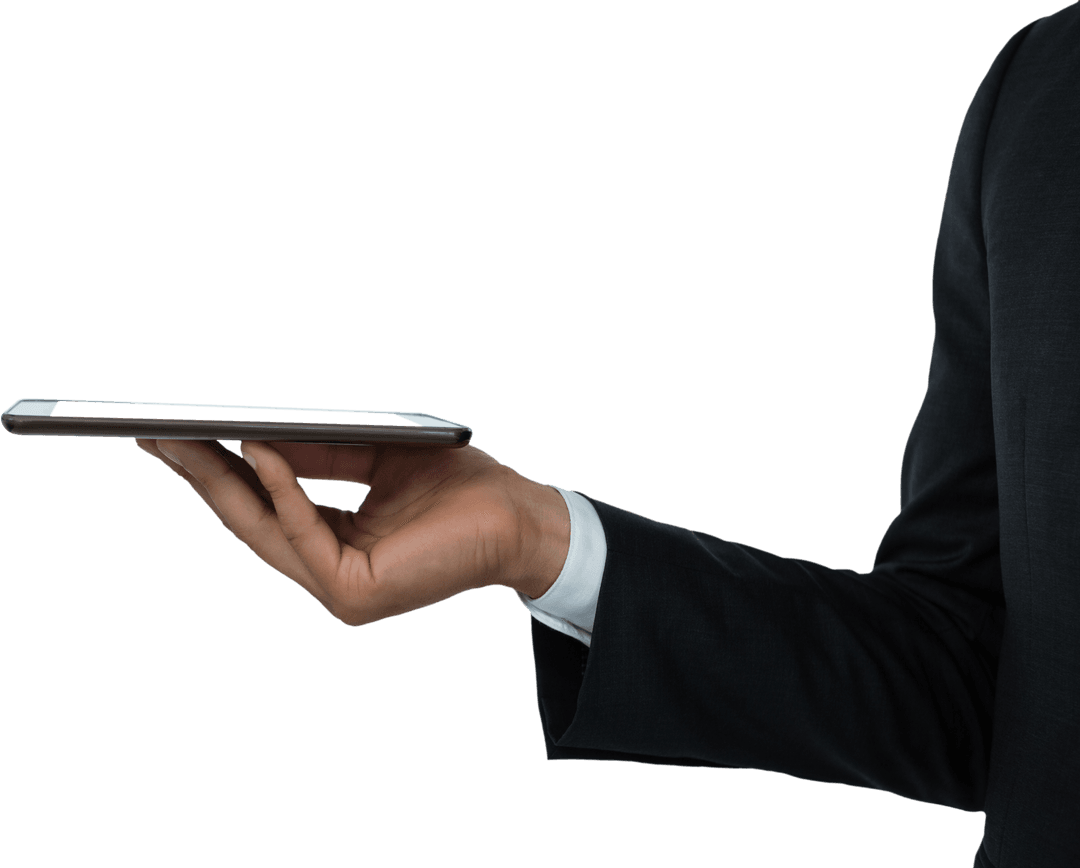 Businessman Holding Tablet with Transparent Background for Tech Display