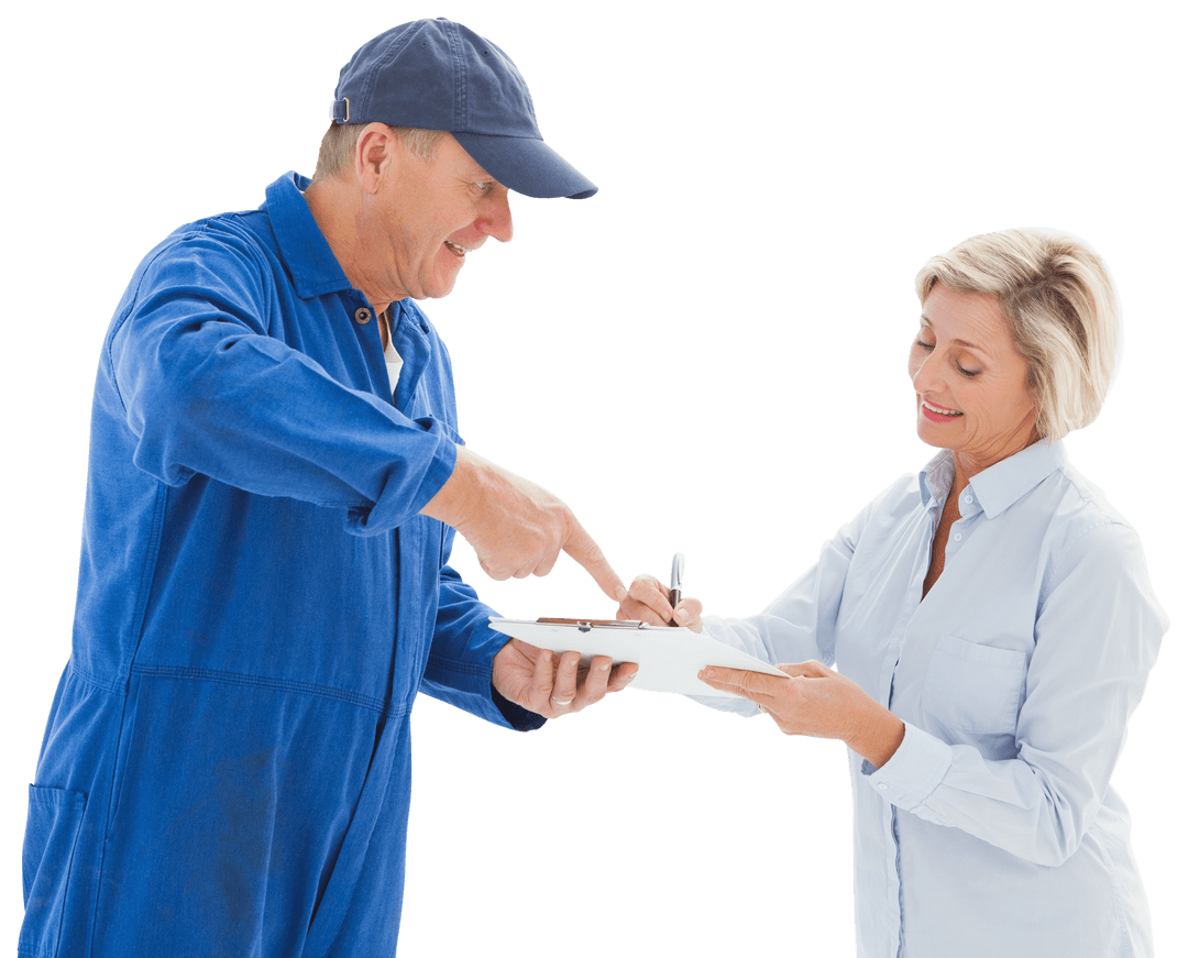 Transparent Friendly Delivery Man Assisting Smiling Customer Signing Form