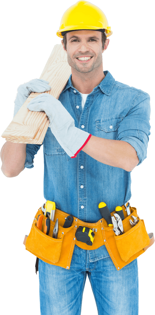 Happy Skilled Carpenter Carrying Wooden Planks Transparent Background