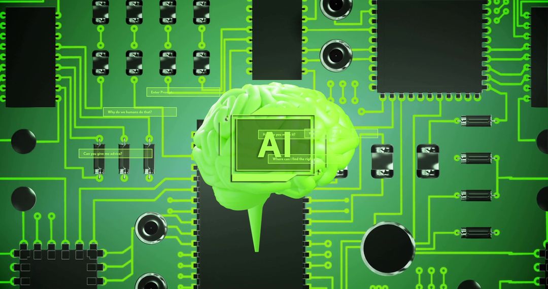 Green Circuit Board with AI Brain Guidance