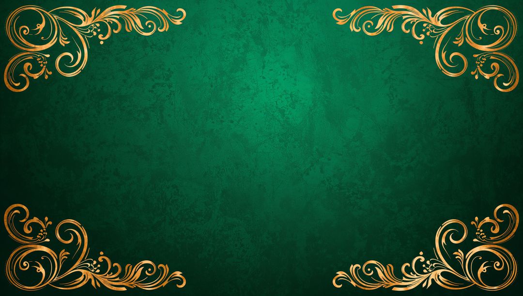 Emerald textured background with gilded gold filigree corner frames for luxury stationery