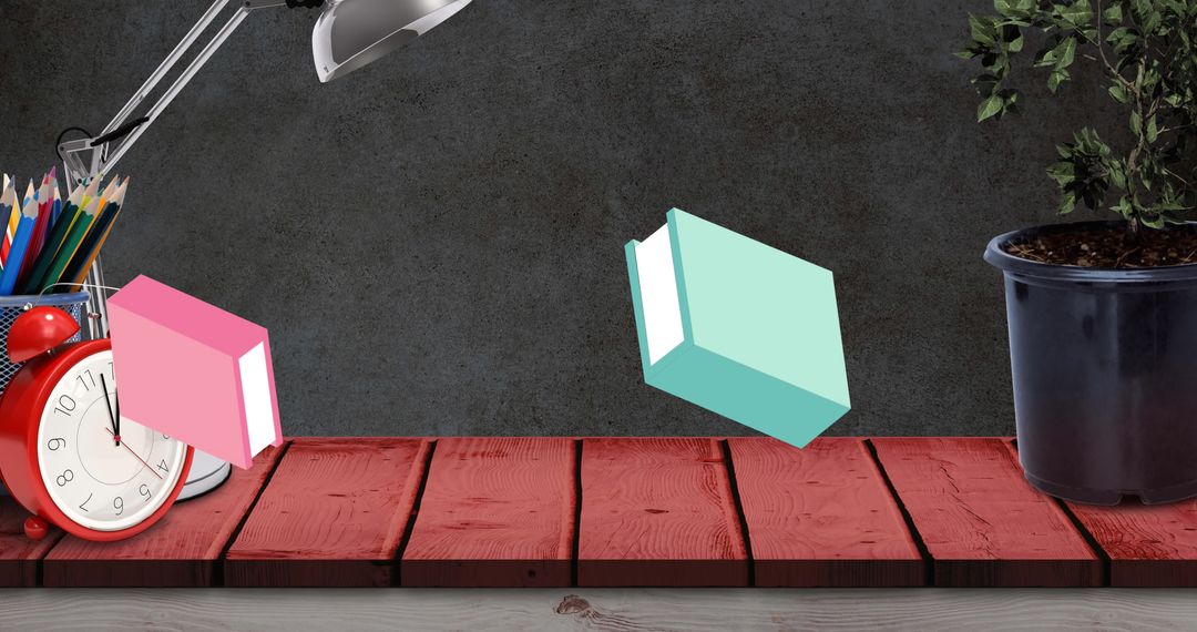 Floating Books Over Rustic Wooden Table amid Study Essentials