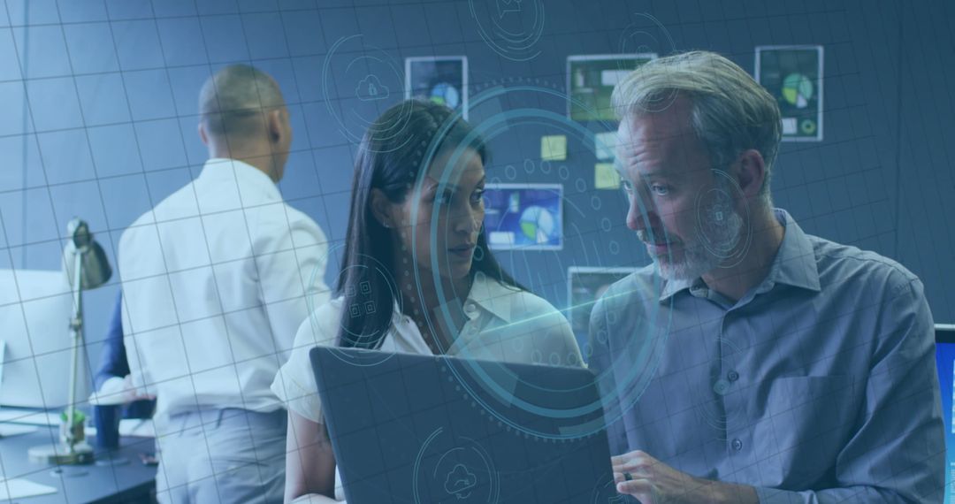 Business Professionals Using Laptop with Virtual Network Overlay