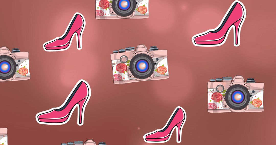 Fashion Icons Pattern with Pink Heels and Cameras on Brown Background - Free Images, Stock Photos and Pictures on Pikwizard.com