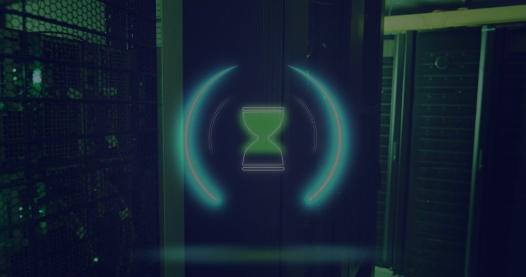 Neon Hourglass Over Server Racks Symbolizing Digital Data Flow