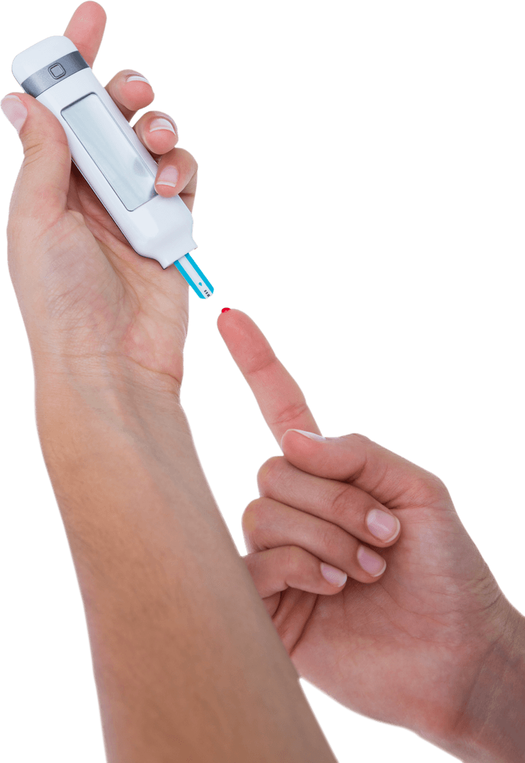 Hand Testing Blood Glucose Lever with Device Transparent Background