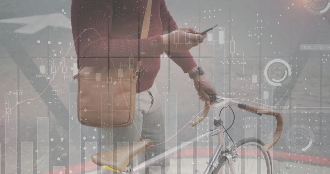 Data Analytics Concept with Man Using Smartphone Walking Bicycle