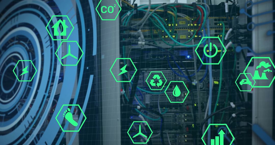 Eco-Friendly Icons Over Data Servers Highlight Sustainable Tech