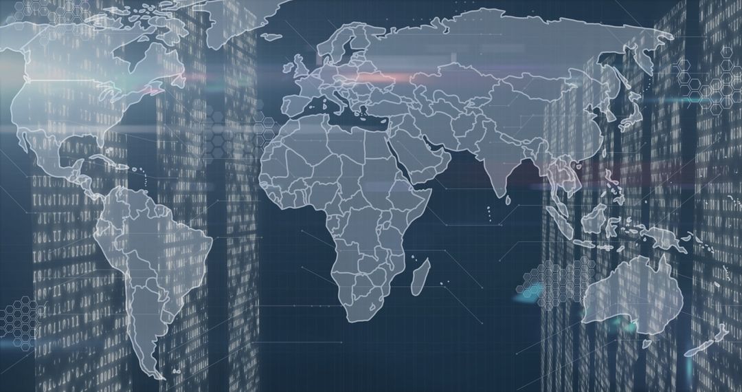 Digital World Map Overlay with Data Processing and Cityscape