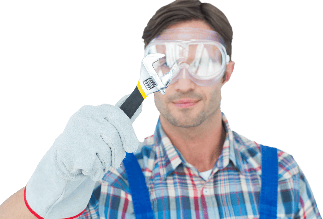 Plumber Holding Adjustable Wrench Transparent Background