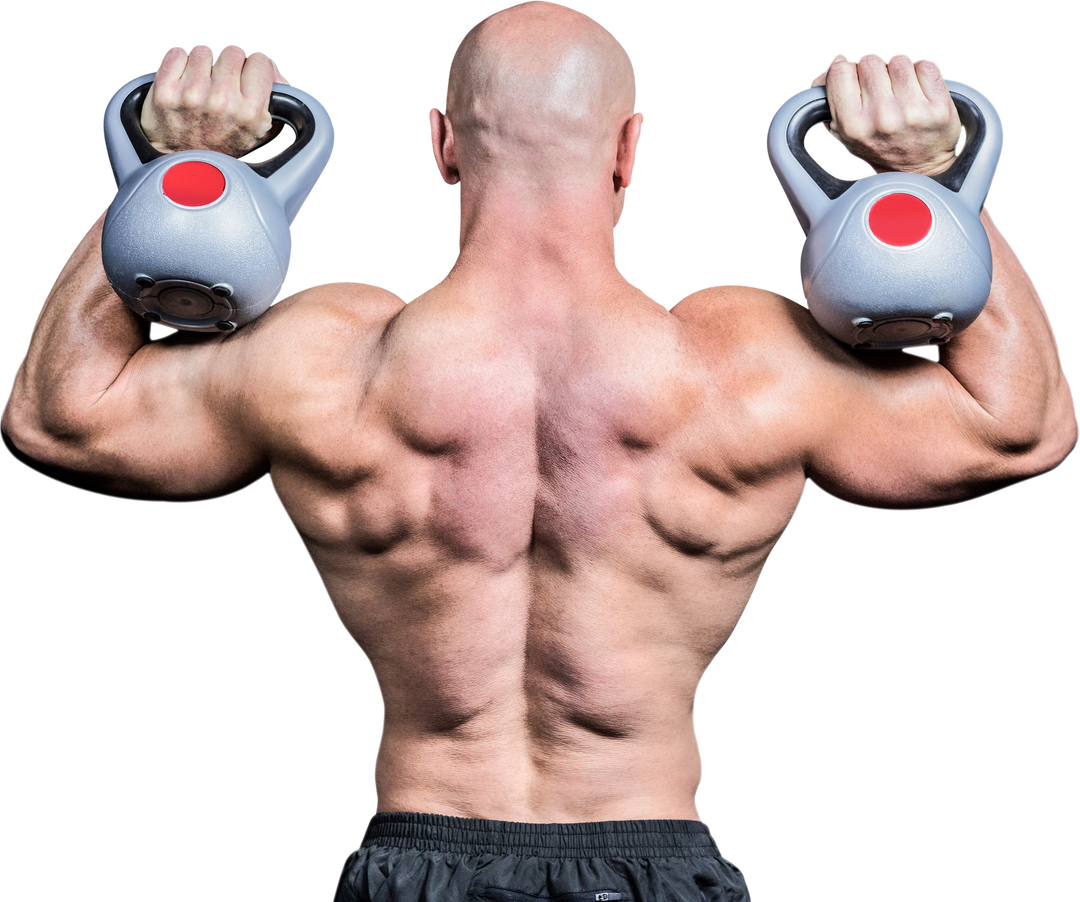 Bald Muscular Man Lifting Kettlebells, Rear View, Transparent Background - Download Free Stock Images Pikwizard.com