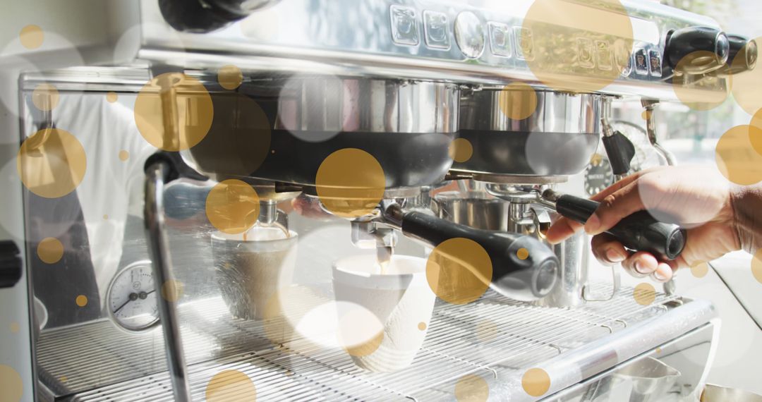 Barista Making Espresso with Modern Coffee Machine and Overlaid Graphics