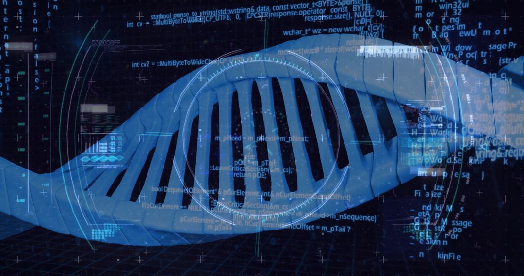 Dna strand with data processing overlay in blue