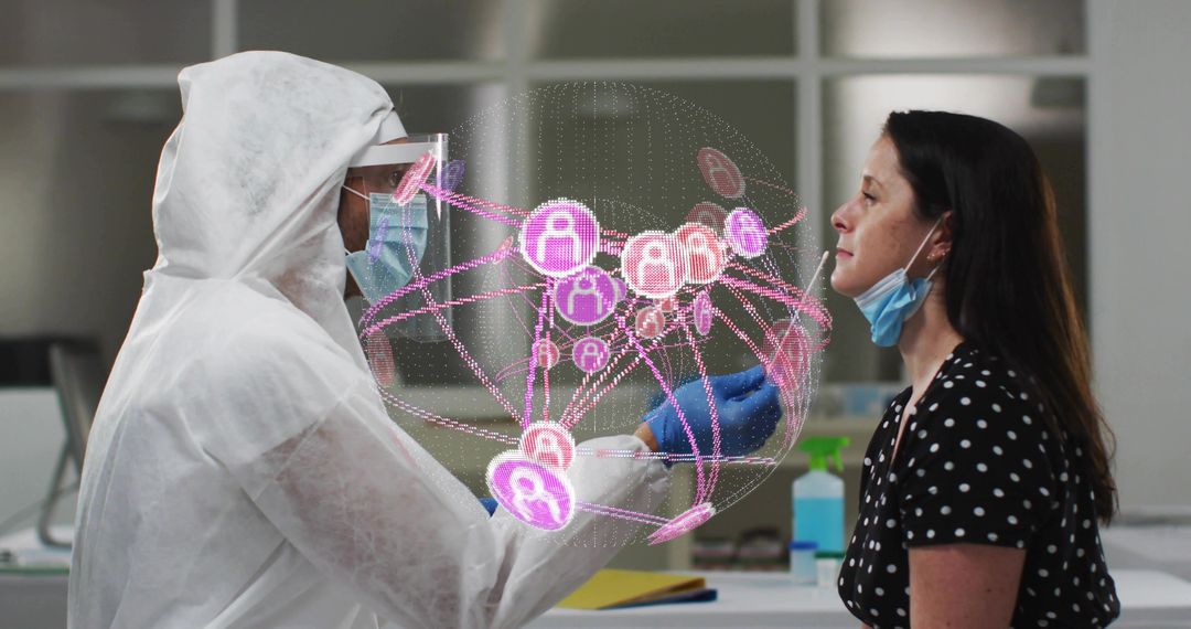 Healthcare worker administering nasal swab with holographic contact-tracing network overlay