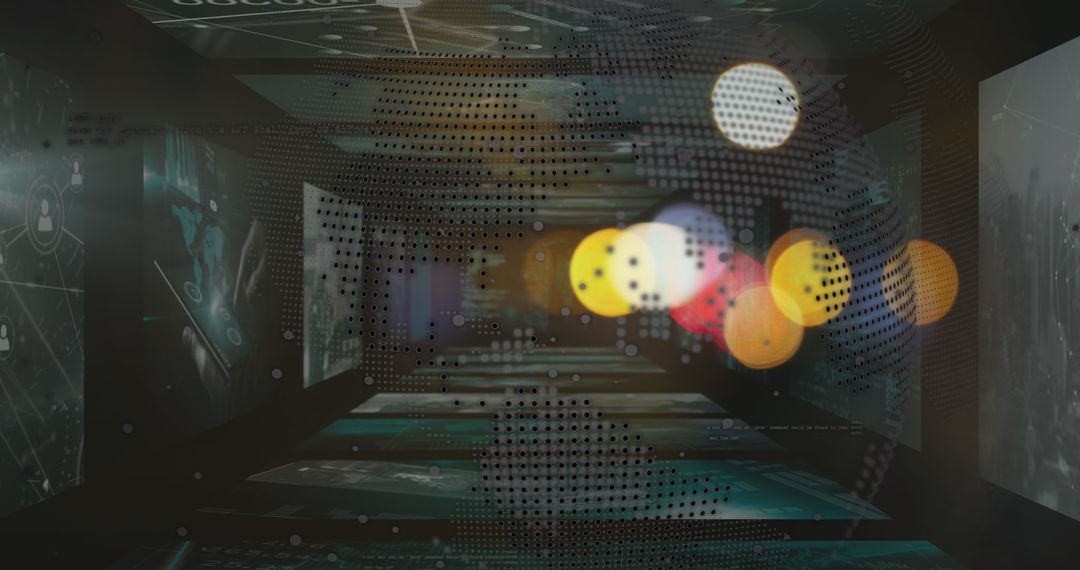 Futuristic Globe Surrounded by Digital Tunnel with Holographic Screens