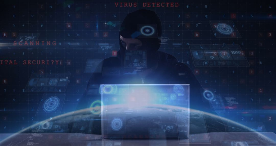 Hacker in Dark Room with Digital Virus Warning Interfaces