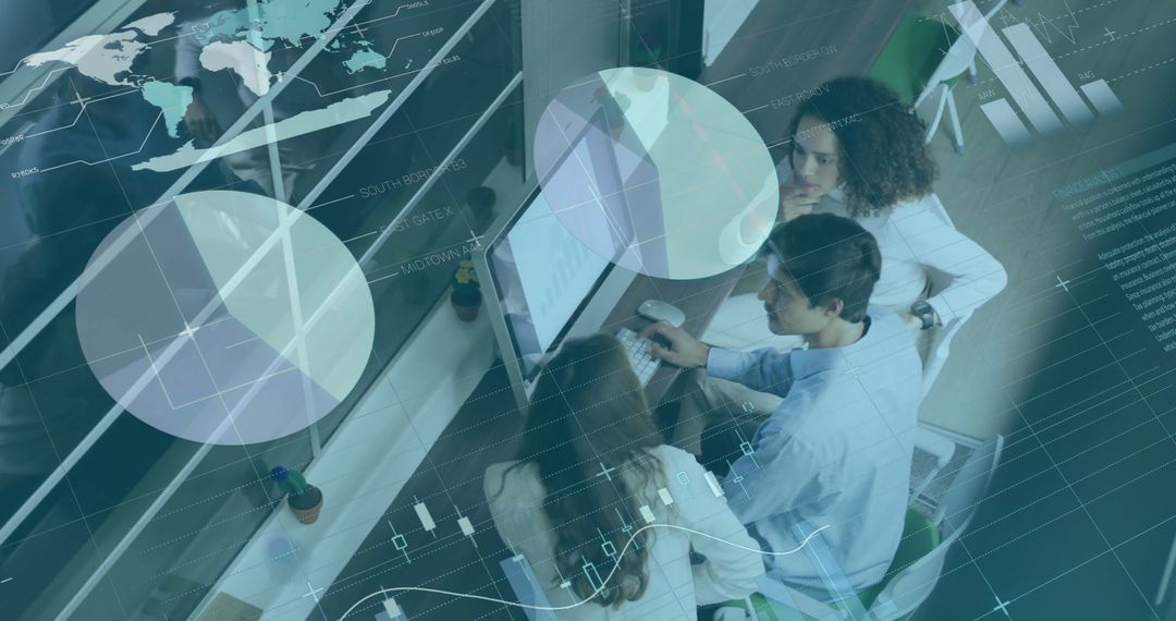 Finance Team Analyzing Global Market Data on Computers in Modern Office