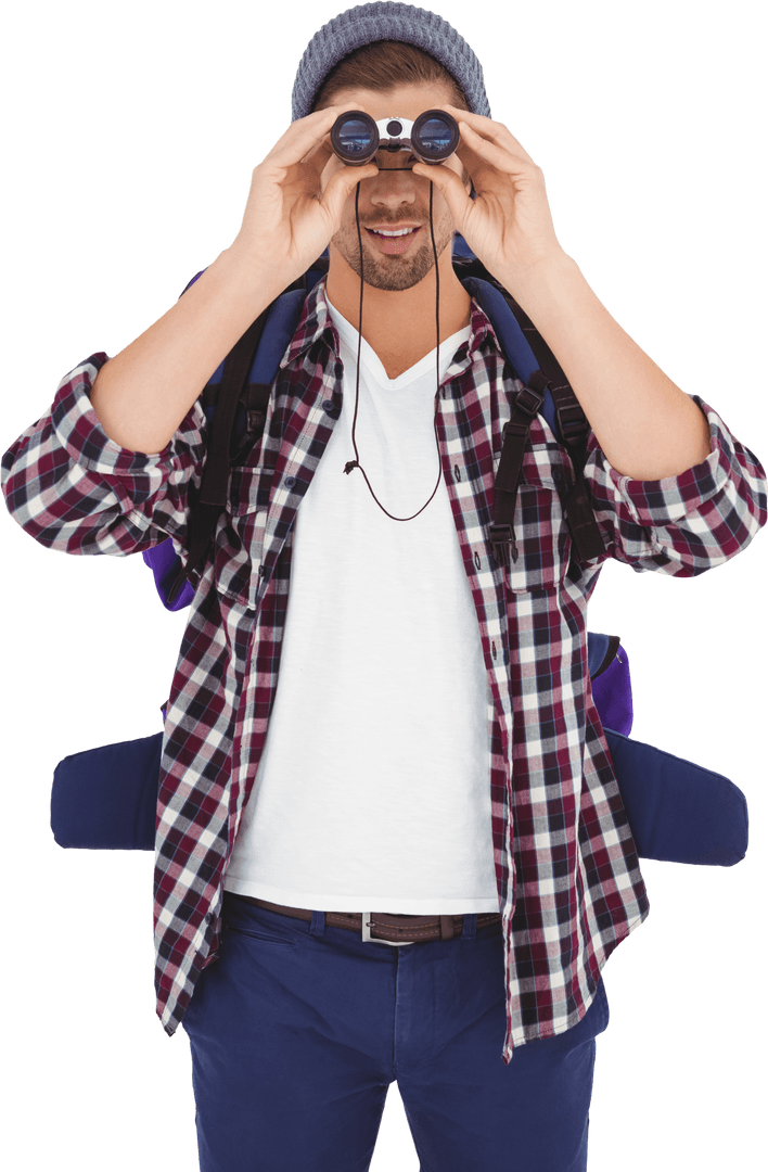 Man Exploring Outdoor Sightseeing with Binoculars on Transparent Background