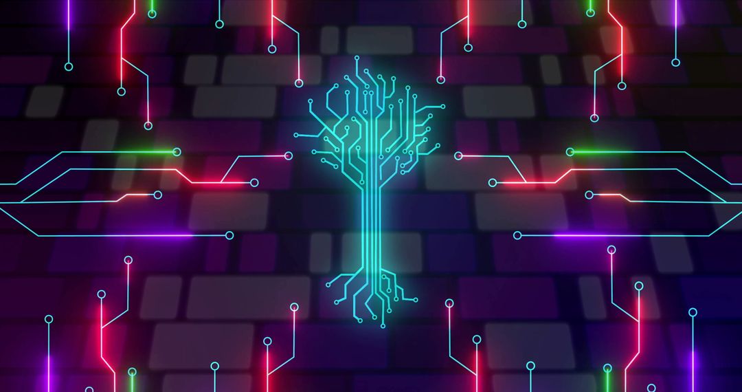 Futuristic Circuit Tree Light Artwork with Neon Traces
