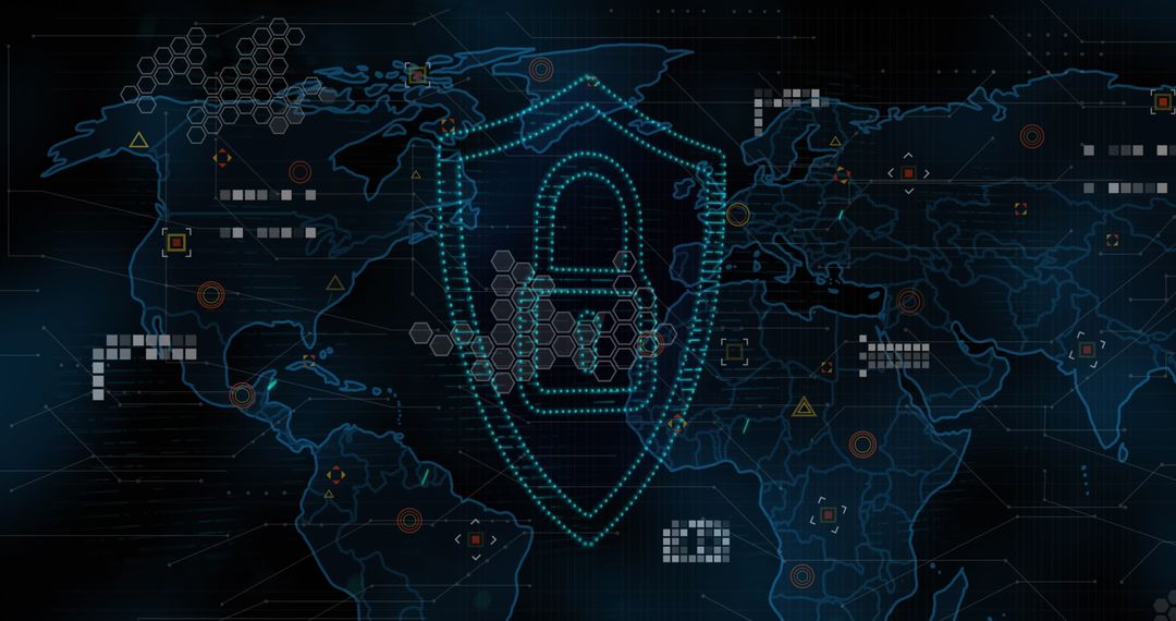 Global Cybersecurity with Digital Lock on World Map Background